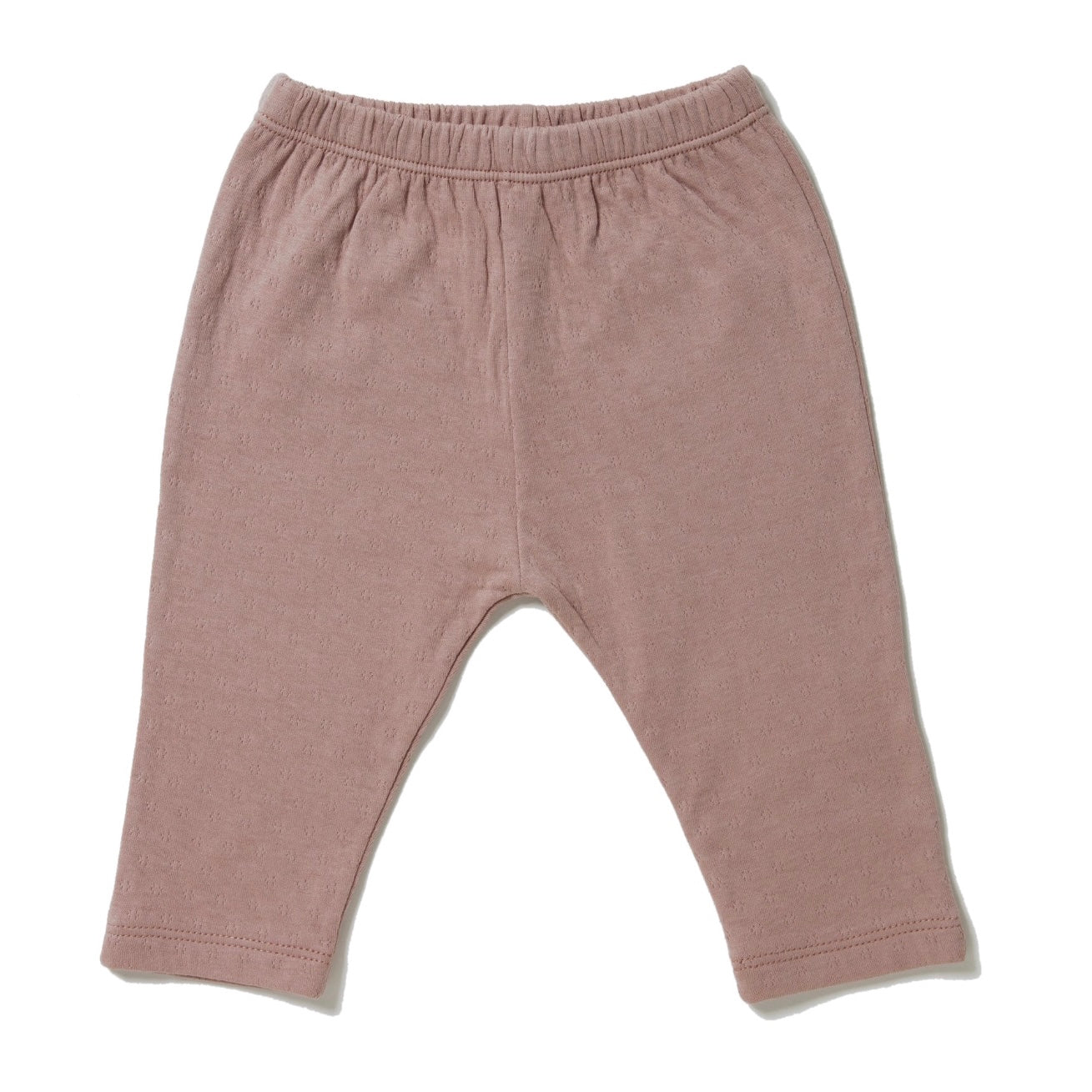 rose color straight leg pointelle ribbed pants with soft encased elastic at waistband. 100% organic cotton.