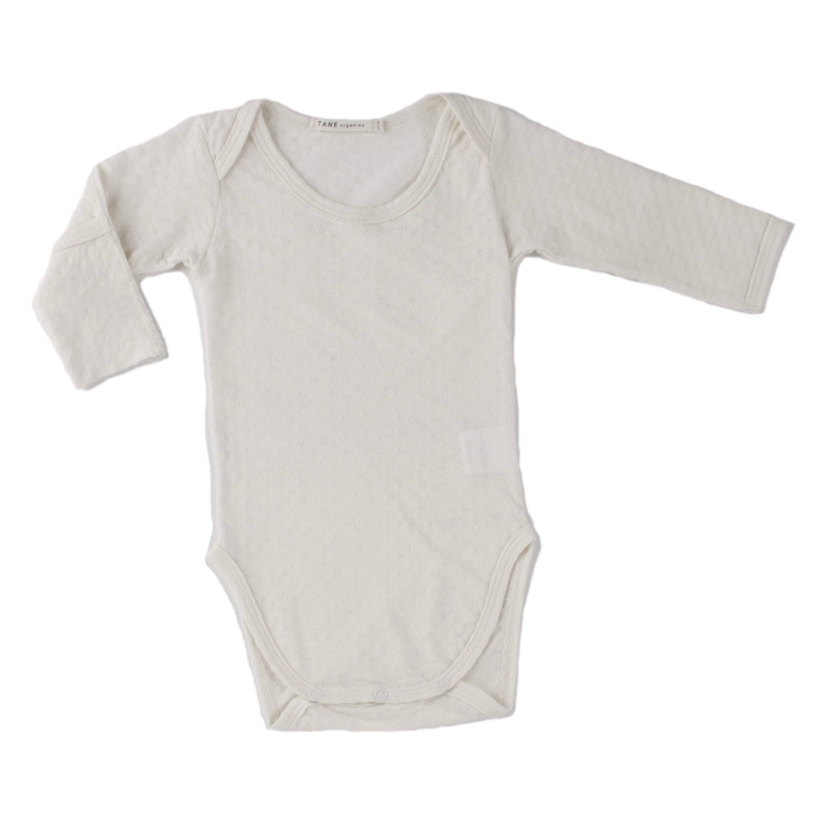 cream color pointelle essential crewneck onesie with handcover. 100% organic cotton.
