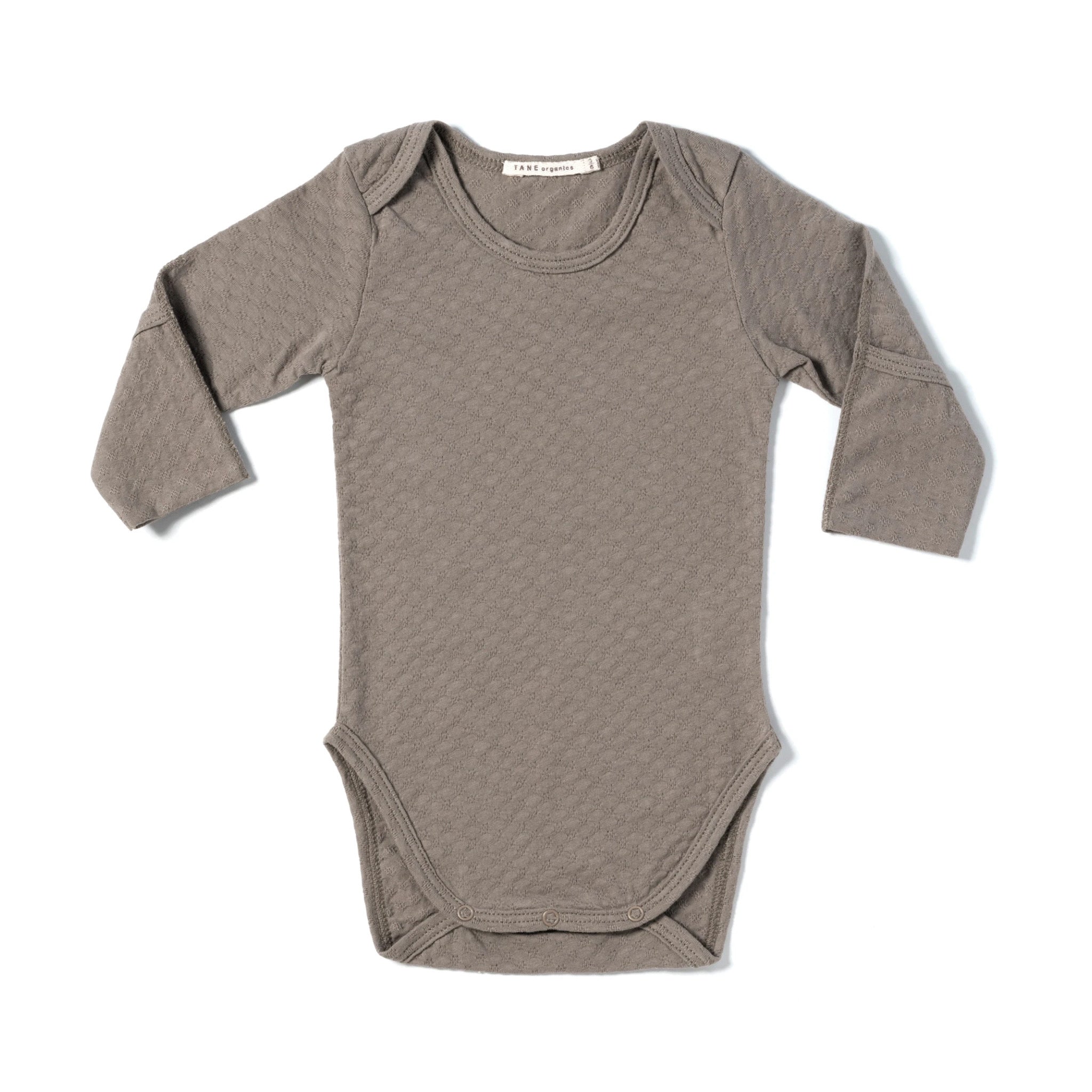 brown pointelle essential crewneck onesie with handcover. 100% organic cotton.