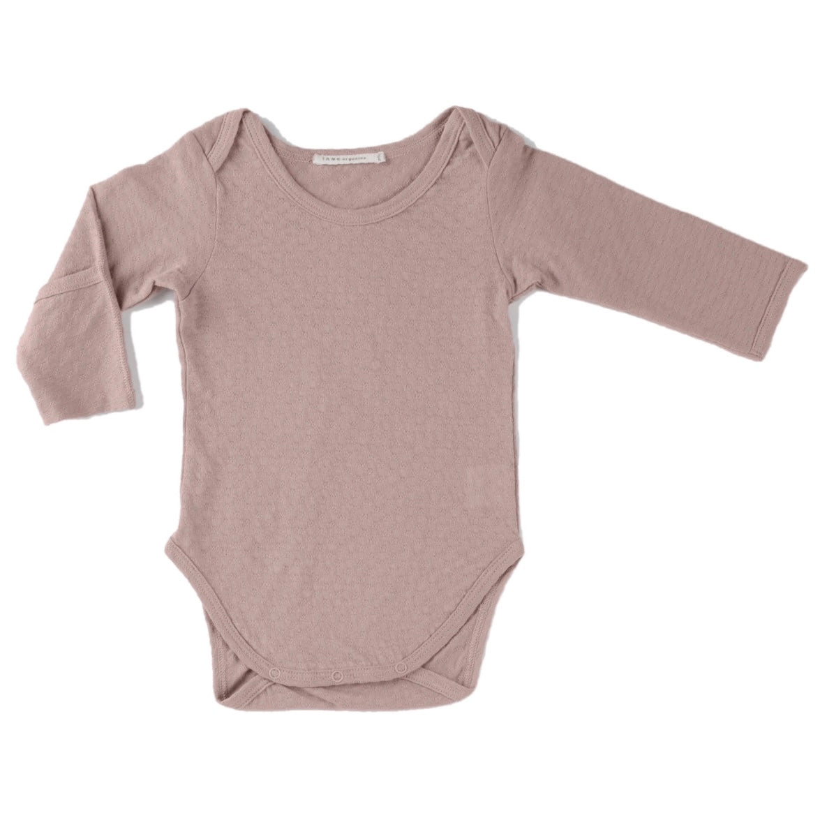 rose color pointelle essential crewneck onesie with handcover. 100% organic cotton.