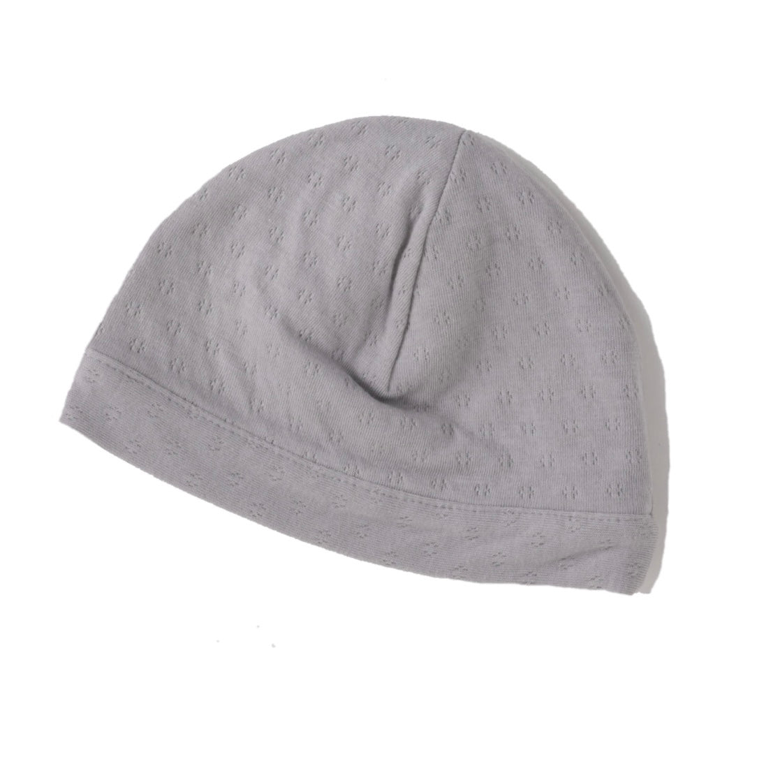 cool grey pointelle double layered skull cap for newborn. 100% organic cotton.