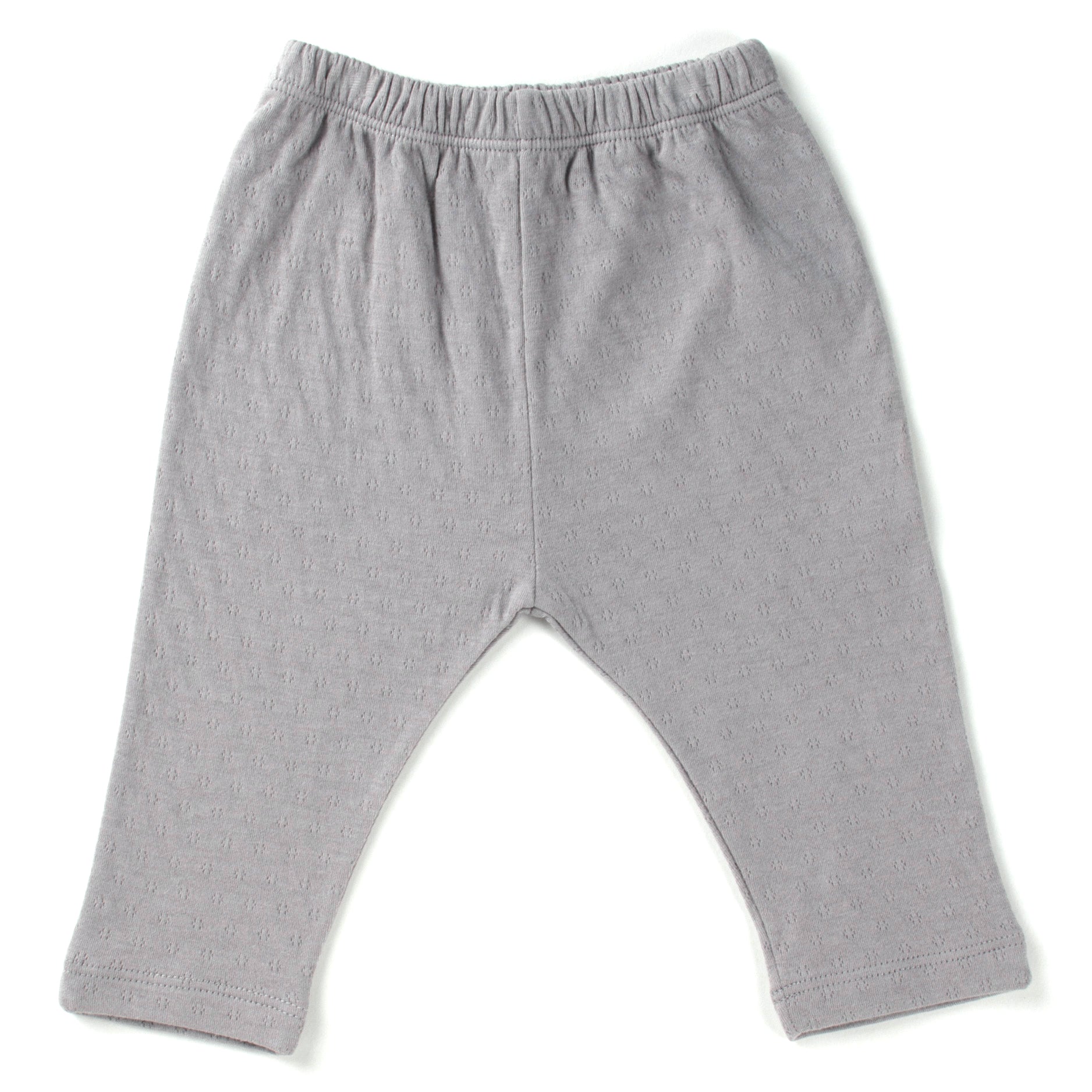 cool grey straight leg pointelle ribbed pants with soft encased elastic at waistband. 100% organic cotton.