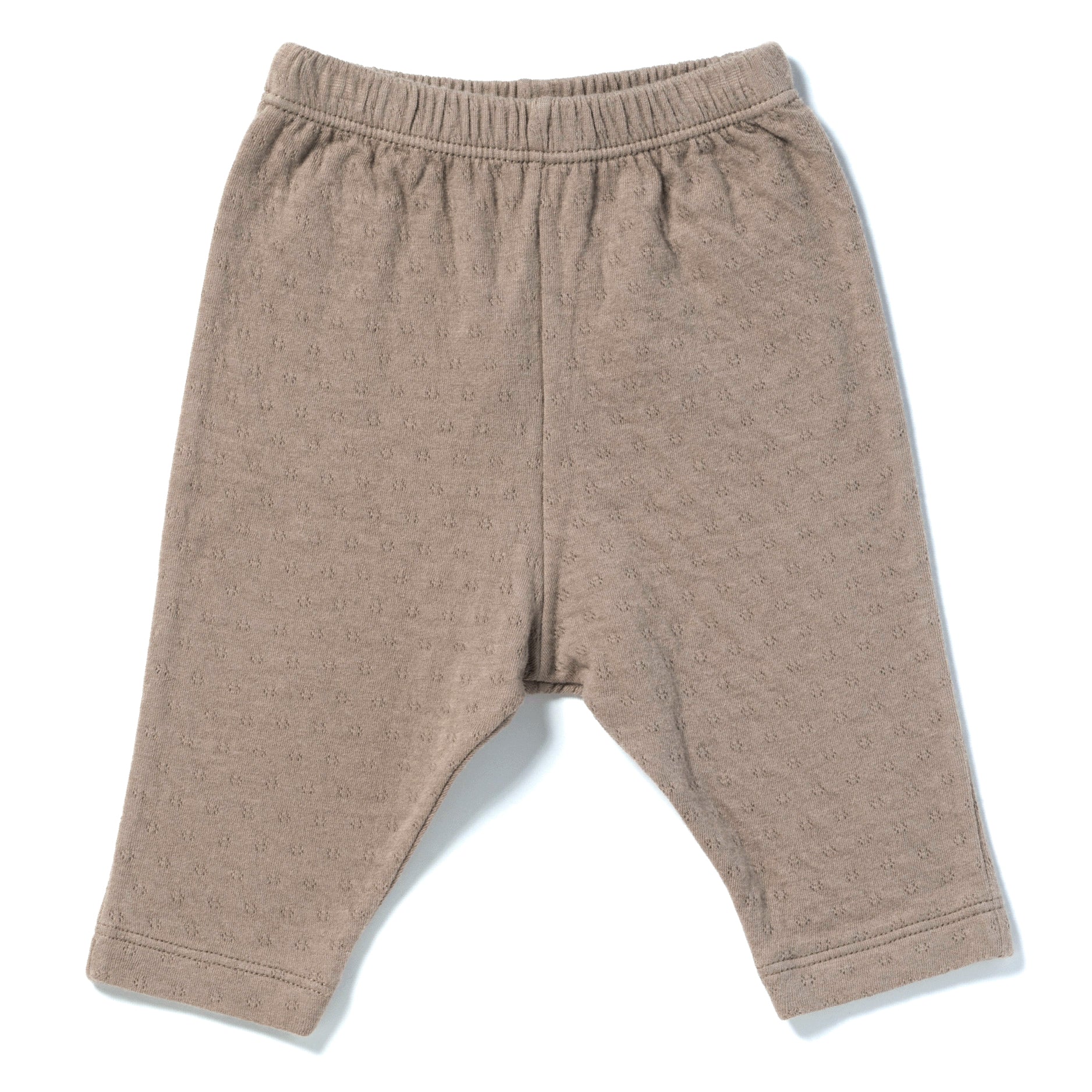brown color straight leg pointelle ribbed pants with soft encased elastic at waistband. 100% organic cotton.
