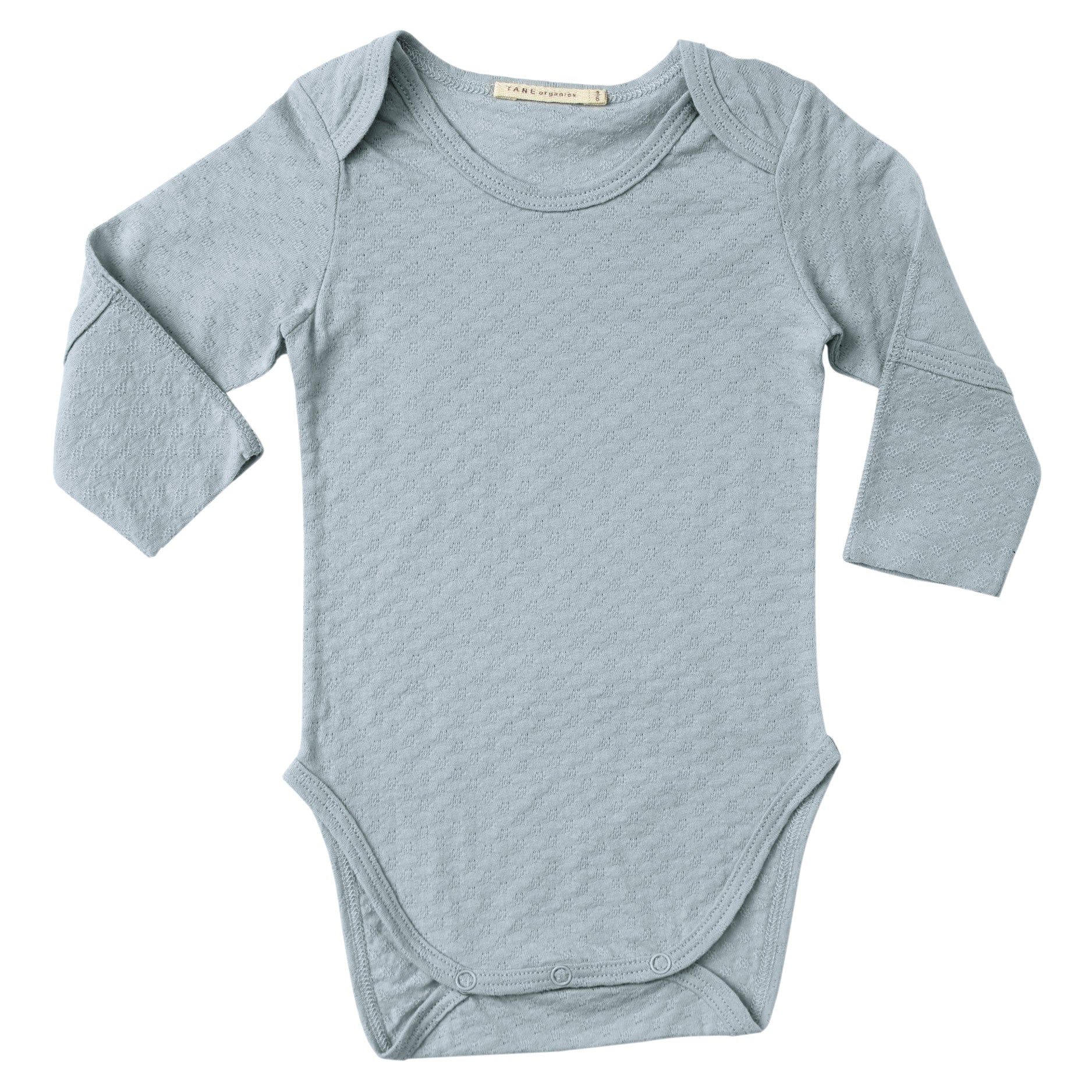 mint color pointelle essential crewneck onesie with handcover. 100% organic cotton.