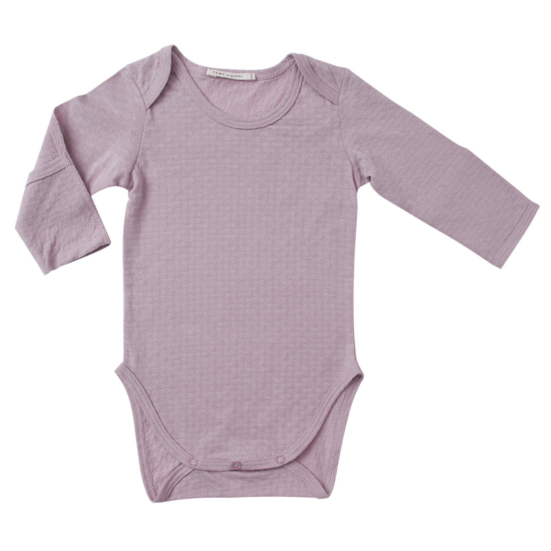 lavender color pointelle essential crewneck onesie with handcover. 100% organic cotton.