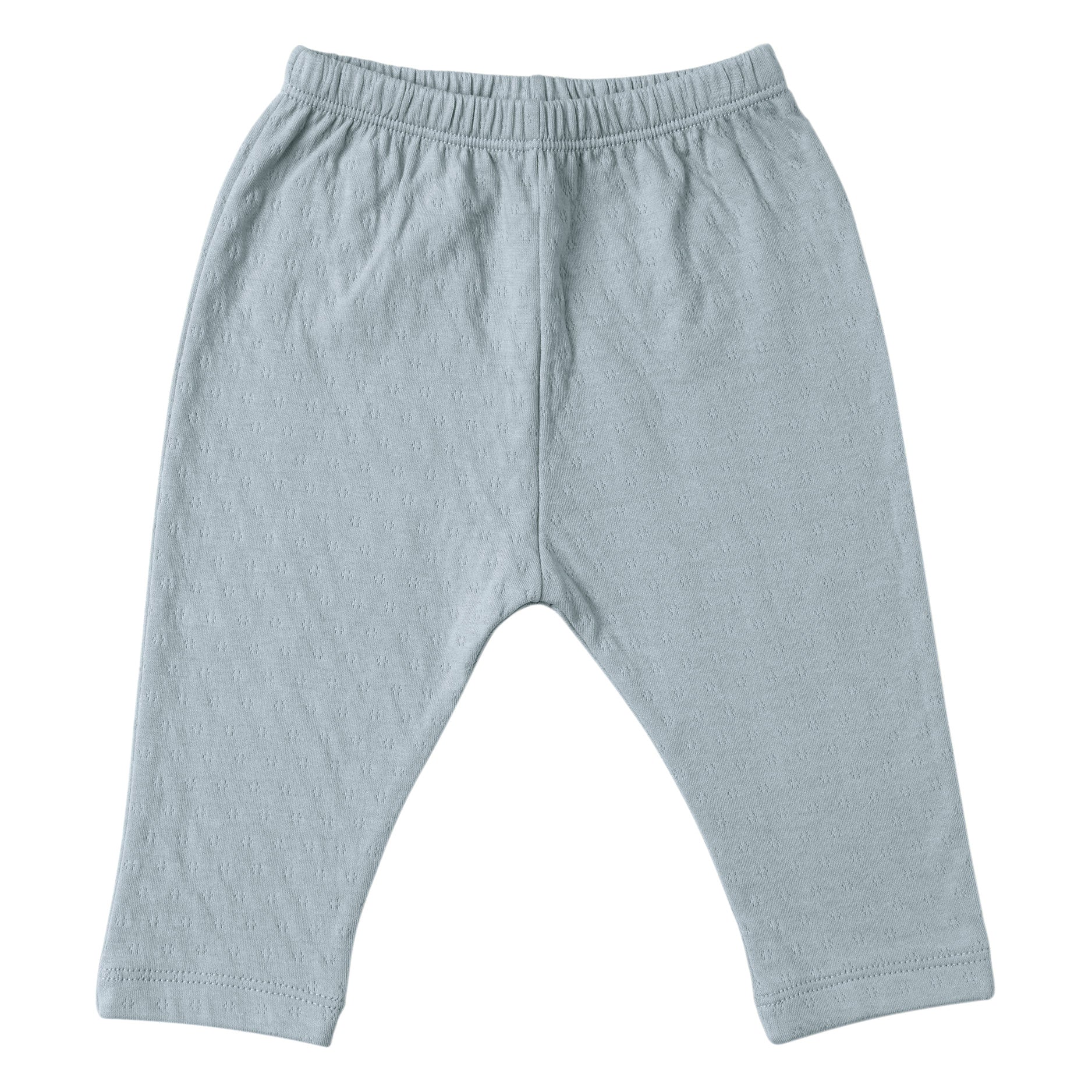 mint color straight leg pointelle ribbed pants with soft encased elastic at waistband. 100% organic cotton.