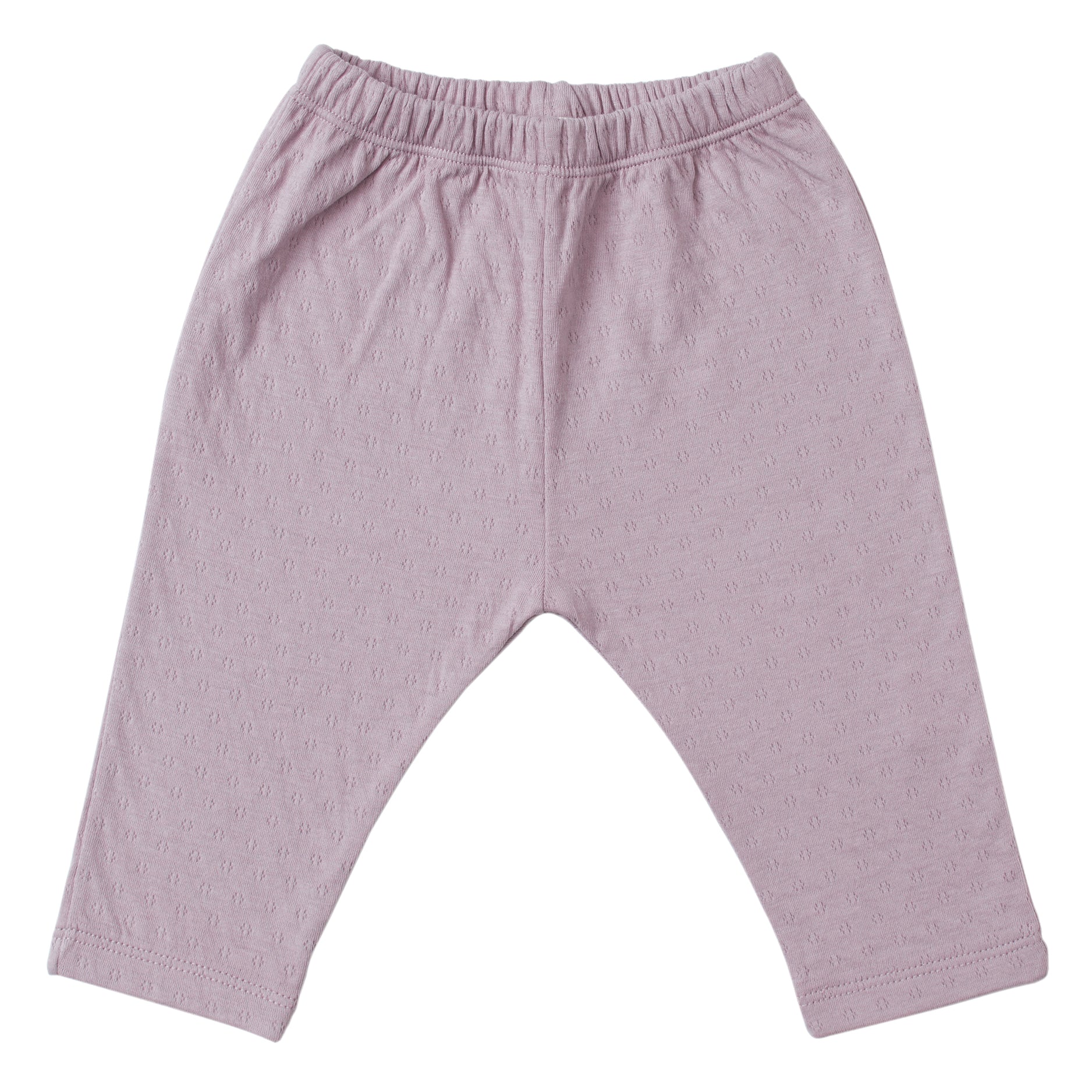 lavender straight leg pointelle ribbed pants with soft encased elastic at waistband. 100% organic cotton.
