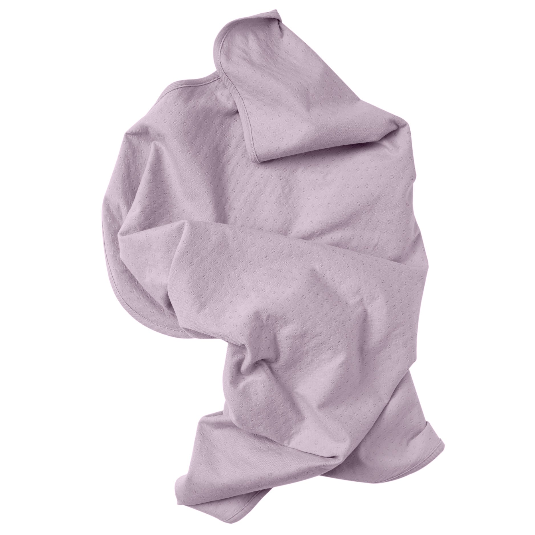 lavender color pointelle ribbed knit double layered essential swaddle blanket. 33" x 33". 100% organic cotton.