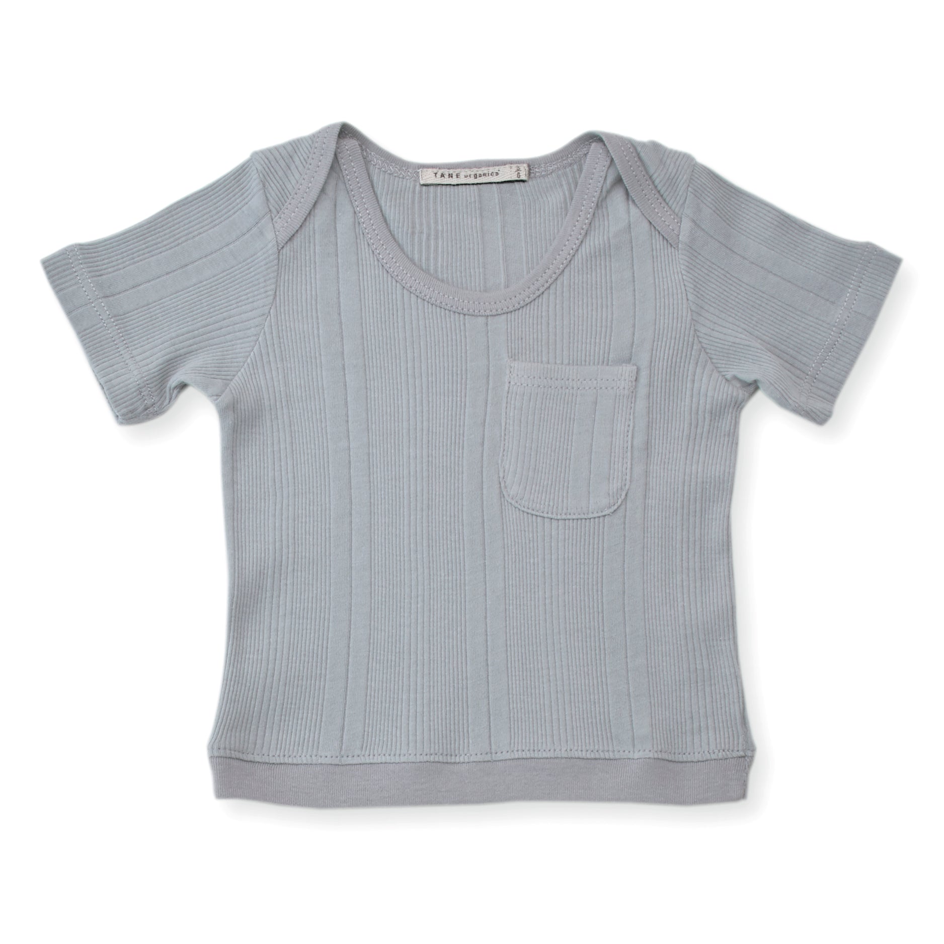cool grey multi ribbed knit one pocket short sleeved tee shirt. 100% organic cotton ribbed knit.