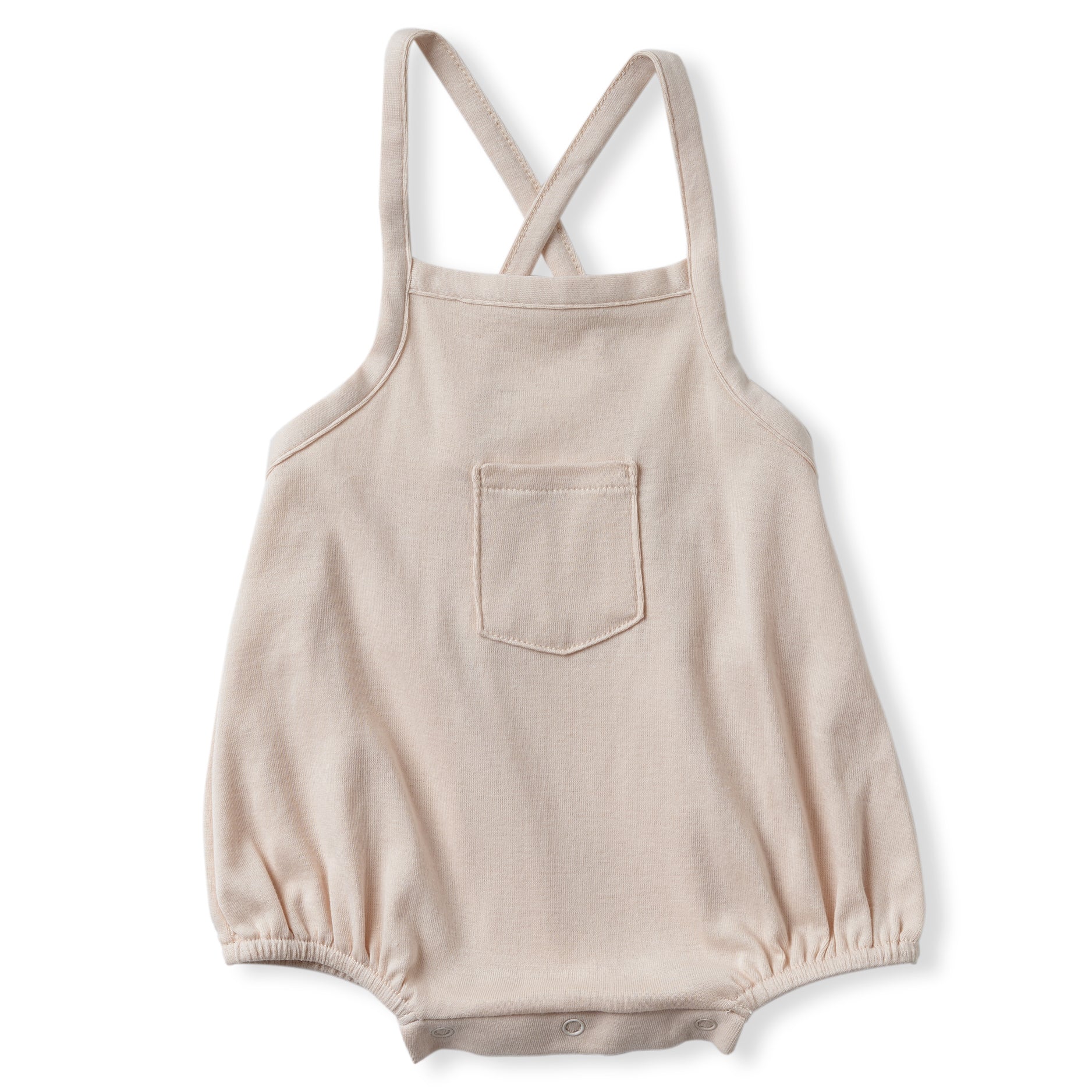 ivory color cross back tank romper with one front pocket and soft encased elastics at leg opening. 100% organic pima cotton ribbed knit.