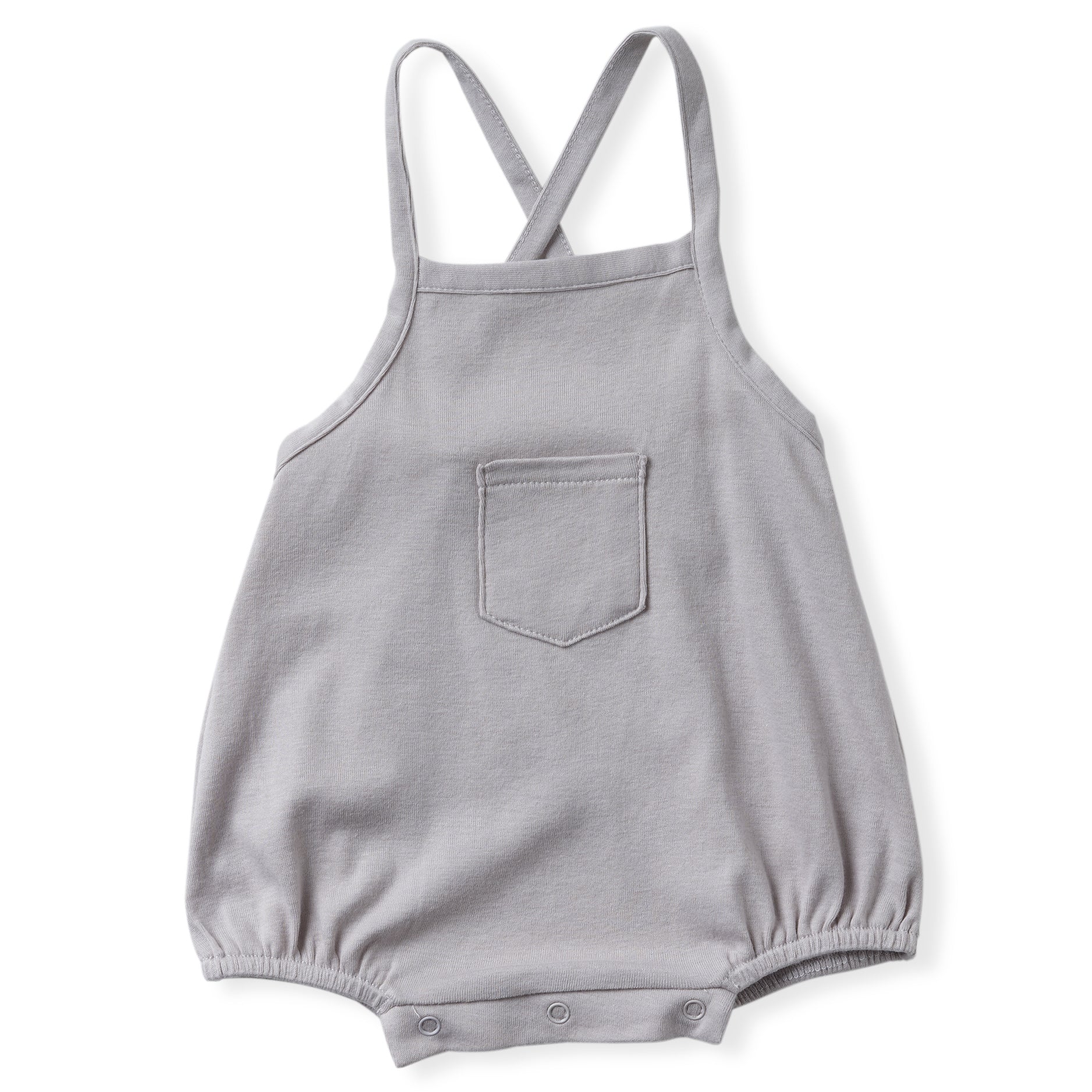 cool grey cross back tank romper with one front pocket and soft encased elastics at leg opening. 100% organic pima cotton ribbed knit.