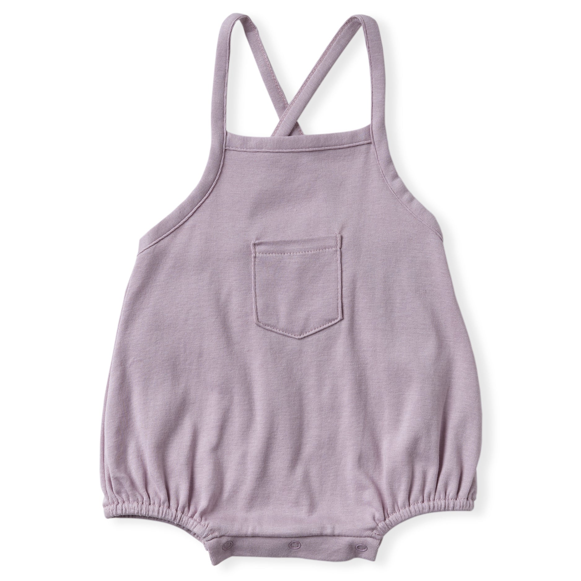 lavender color cross back tank romper with one front pocket and soft encased elastics at leg opening. 100% organic pima cotton ribbed knit.